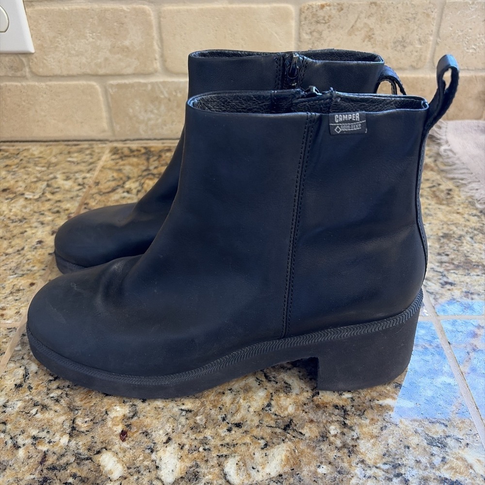 Camper Wonder Gore-Tex Black Leather Ankle Boots Waterproof Chunky Heel 39 8.5